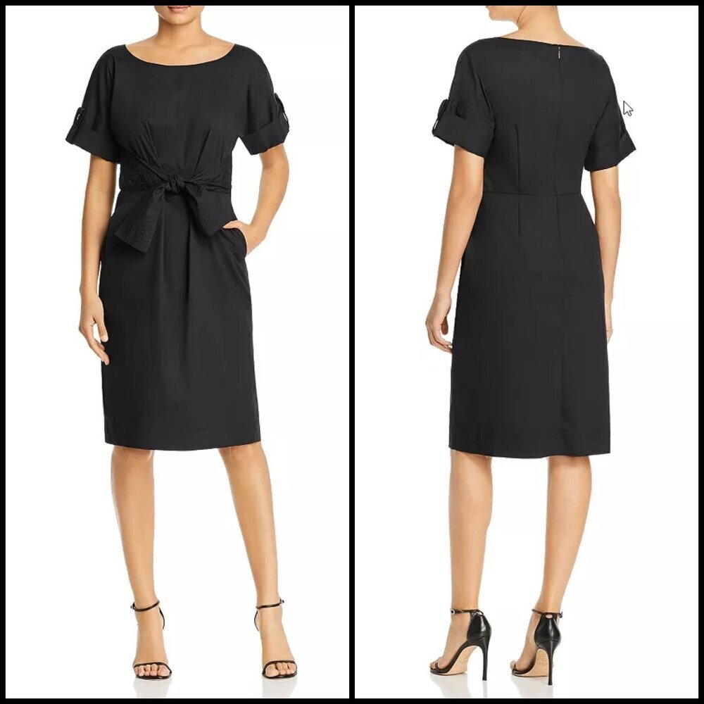 Donna Karan Tie Waist Shirt Dress Boat Neck Pockets Knee‎ Black Size XXS